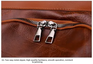 Detail of smooth gunmetal dual-way zippers on vintage brown PU leather travel backpack
