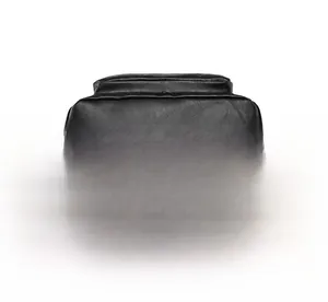 Detailed view of the rectangular flat base with neat stitching on this black PU backpack