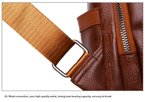Detail of durable silver hardware and woven strap on brown textured PU leather backpack