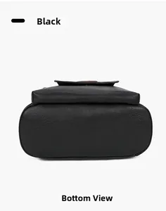 Detailed bottom view of black PU leather backpack showing high-quality material texture