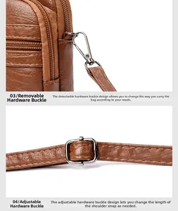 Detail of detachable gold-tone metal hooks and adjustable buckle on brown leather bag