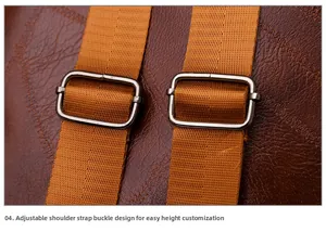 Detail of adjustable nylon shoulder straps with silver metal buckles on a PU leather backpack