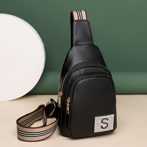 Minimalist black PU leather chest bag with rhinestone S logo and striped strap