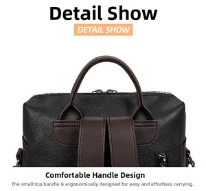 Close-up of black lychee grain texture with ergonomic brown top handle and silver zipper