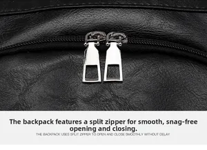 Detail shot of smooth double silver metal zippers on black lychee grain leather backpack
