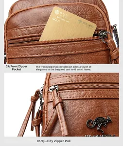 Detail view of brown textured PU leather bag with multi-layer zippers and metal logo
