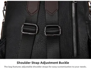 Close-up of adjustable strap with metal buckle on black lychee grain texture backpack