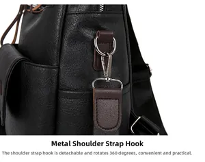 Detail of silver swivel hook on high-quality black litchi grain PU leather backpack