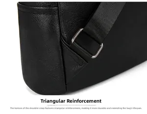 Detail of reinforced triangle stitching and adjustable silver buckle on black leather backpack