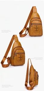 Detailed views of a brown PU leather sling bag with layered zippers and woven trim