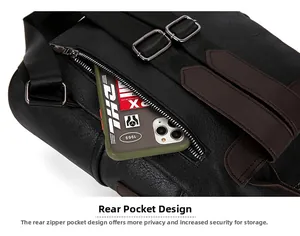 Detail of soft black PU leather backpack showing back anti-theft hidden zipper pocket
