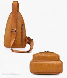 Rear view of brown PU leather crossbody bag featuring back zipper pocket and adjustable strap