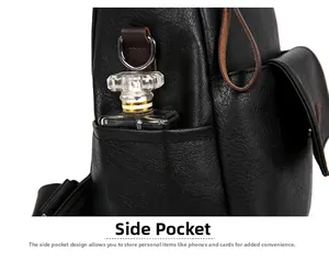 Detail of the black PU leather backpack side pocket with metallic D-ring and neat stitching