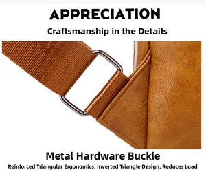 Close-up of brown PU leather crossbody bag with silver-black metal ring and reinforced stitching