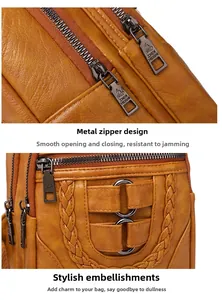 Detail of custom swan logo zipper and woven leather pattern on the yellow sling bag
