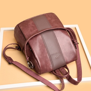 Burgundy PU leather backpack for women with vintage texture and large capacity