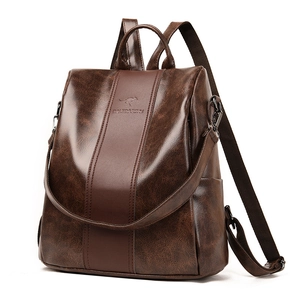Large capacity vintage dark brown soft PU leather backpack for women's daily travel