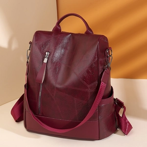Women Fashion Backpack PU Leather Anti-Theft Large Capacity Geometric Stitching Waterproof Casual Travel Shoulder Bag