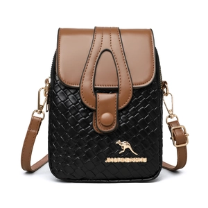 Black woven PU leather crossbody phone bag with brown flap and golden kangaroo logo