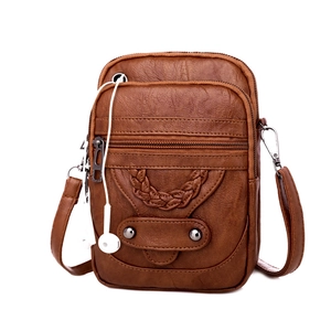 Vintage brown PU leather crossbody phone bag with multi-zipper pockets and headphone port