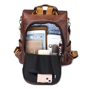 Women's anti-theft PU leather backpack in brown patchwork with large capacity interior