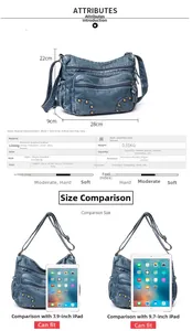 Blue washed PU leather shoulder bag interior layout showing 9.7-inch iPad size comparison