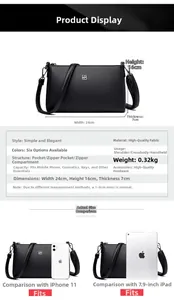 Detailed size chart for black lychee leather crossbody bag with metal logo detail