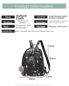 Guide des tailles du sac à dos en Oxford avec imprimé, détails des dimensions et capacité