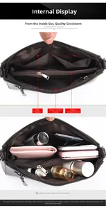 Detailed interior of black crossbody bag showing multiple pockets and spacious capacity
