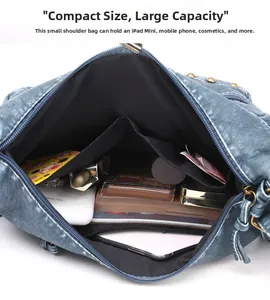 Detail view of large capacity blue PU leather bag interior holding iPad and cosmetics