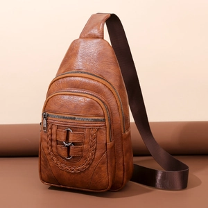 Brown vintage PU leather chest bag with woven texture and multi-zipper compartments