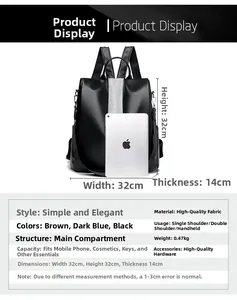 Detailed dimension guide for black PU leather backpack showing 32x32x14cm size with iPad reference