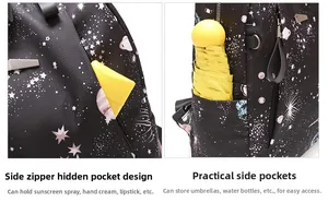 Vue détaillée des poches latérales du sac à dos Oxford avec un parapluie compact