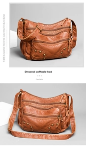 Detail of vintage brown PU crossbody bag with multi-zipper pockets and bronze rivets