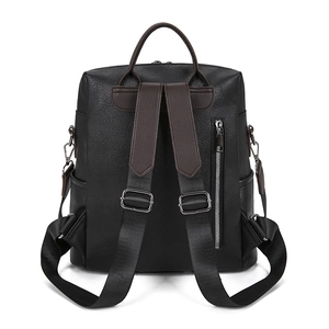 Back view of black faux leather backpack for women with brown handles and anti-theft pocket
