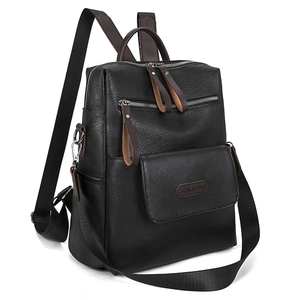 Black pebbled leather backpack with multiple zip pockets and silver hardware detail