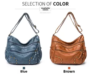 Detail of vintage washed PU leather shoulder bag featuring multi-pockets and rivet accents