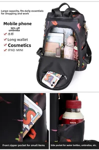 Detail view of large capacity nylon backpack with floral print and interior organizer