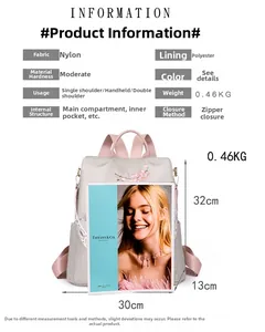 Detailed size specifications and material info for light gray nylon convertible backpack