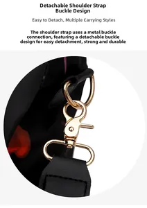 Detail of the detachable golden metal shoulder strap buckle on a floral oxford backpack