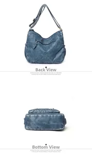 Detail view of the back zipper pocket and rectangular base of this blue PU tote bag