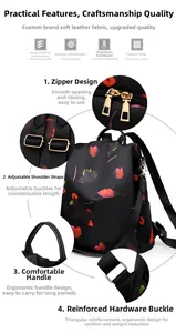 Detail view of oxford backpack showing golden zippers, adjustable straps and floral print