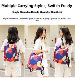 Detailed view of oxford backpack showing three-way carry options in geometric floral print