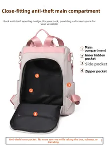 Detailed interior view of a light grey nylon backpack with anti-theft back opening design