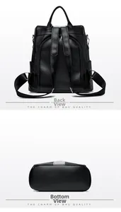 Detail view of black faux leather backpack with anti-theft pocket and rhinestone bottom