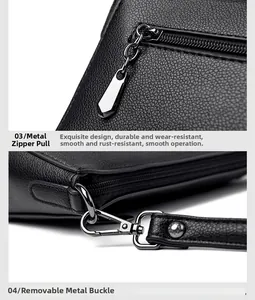 Close-up of premium black lychee leather with dark gunmetal hardware and sturdy zipper