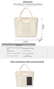 Detailed size chart showing canvas tote bag dimensions 23x15x20cm and weight 0.32kg