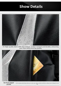 Detail of black lychee texture PU leather backpack with silver rhinestone trim and front pocket