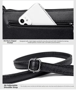 Detail of black lychee leather bag with anti-theft zipper and adjustable metal strap buckle