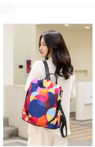 Detailed side view of oxford backpack with geometric print on a female model